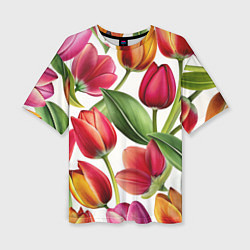 Женская футболка оверсайз Паттерн с тюльпанами