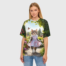 Футболка оверсайз женская Кошка в летнем платье в саду, цвет: 3D-принт — фото 2