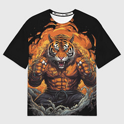 Женская футболка оверсайз Муай - Тай тигр в стойке боевые искусства