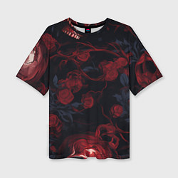 Женская футболка оверсайз Черепа и алые розы