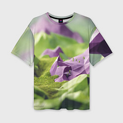 Женская футболка оверсайз Геометрический пейзаж фиолетовый и зеленый