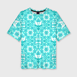 Женская футболка оверсайз Бирюзовая цветочная геометрия