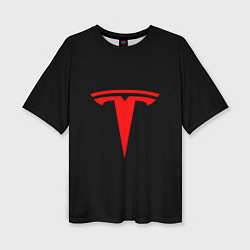 Женская футболка оверсайз Tesla red logo