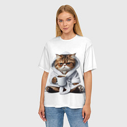 Футболка оверсайз женская Котик в халате и кофе, цвет: 3D-принт — фото 2