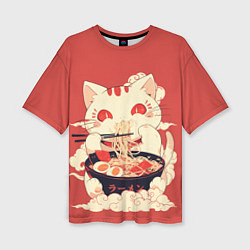 Женская футболка оверсайз Japanese cat eats ramen