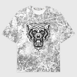 Футболка оверсайз женская Черно-белый злой волк на сером фоне, цвет: 3D-принт