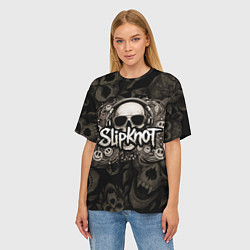Футболка оверсайз женская Slipknot на фоне черепа в очках и наушниках, цвет: 3D-принт — фото 2