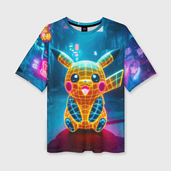 Футболка оверсайз женская Полигональный неоновый Пикачу - нейроарт, цвет: 3D-принт