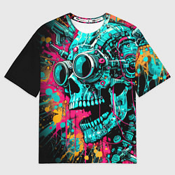 Женская футболка оверсайз Cyber skull sketch - color blots