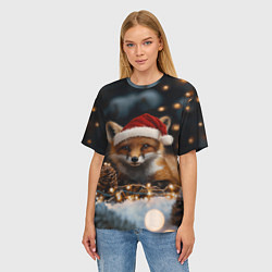 Футболка оверсайз женская Лисица в новогодней шапочке, цвет: 3D-принт — фото 2