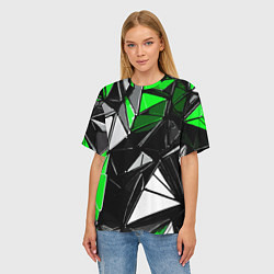 Футболка оверсайз женская Зелёно-белые рельефные треугольники на чёрном фоне, цвет: 3D-принт — фото 2