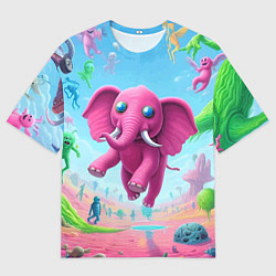 Женская футболка оверсайз Парящий в воздухе розовый слон - сюрреализм
