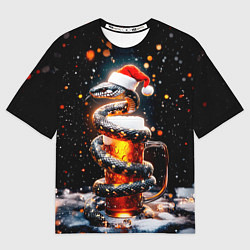 Футболка оверсайз женская Змея с кружкой пива на Новый год, цвет: 3D-принт