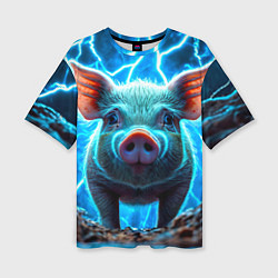 Женская футболка оверсайз Свинья и разряды молний