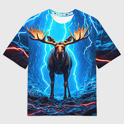 Футболка оверсайз женская Лось и молния, цвет: 3D-принт