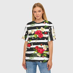 Футболка оверсайз женская Красные розы на черных полосках, цвет: 3D-принт — фото 2