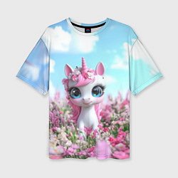 Футболка оверсайз женская Единорожка в цветочках, цвет: 3D-принт