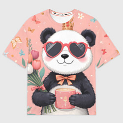 Футболка оверсайз женская Панда с поздравлениями и с цветами, цвет: 3D-принт