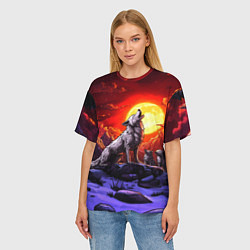 Футболка оверсайз женская Белый волк воет на луну, цвет: 3D-принт — фото 2