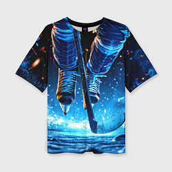 Женская футболка оверсайз Хоккеист в синем пламени