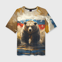 Футболка оверсайз женская Медведь и флаг РФ в поле, цвет: 3D-принт