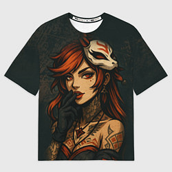 Футболка оверсайз женская Рыжая девушка с маской лисы дерзкий стиль, цвет: 3D-принт