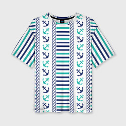 Футболка оверсайз женская Морской орнамент с якорями и полосками, цвет: 3D-принт