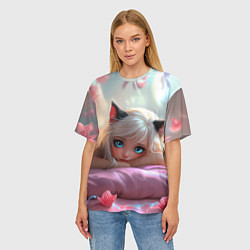 Футболка оверсайз женская Девушка кошечка с голубыми глазами, цвет: 3D-принт — фото 2