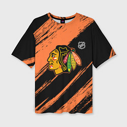Футболка оверсайз женская Чикаго Блэкхокс - фон с оранжевыми потертостами, цвет: 3D-принт