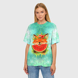 Футболка оверсайз женская Веселая лисичка ест арбуз, цвет: 3D-принт — фото 2