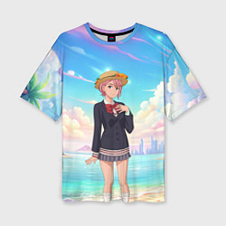 Женская футболка оверсайз Дандадан Сиратори Айра на берегу моря