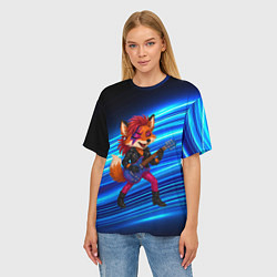 Футболка оверсайз женская Лиса в косухе и гитарой - рок звезда, цвет: 3D-принт — фото 2