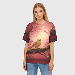 Футболка оверсайз женская Желтая птица в розовом цветущем лесу, цвет: 3D-принт — фото 2