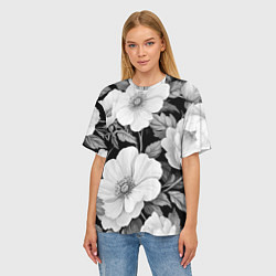 Футболка оверсайз женская Чёрно-серый цветочный паттерн, цвет: 3D-принт — фото 2