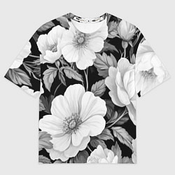 Футболка оверсайз женская Чёрно-серый цветочный паттерн, цвет: 3D-принт