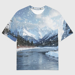 Футболка оверсайз женская Снежный горный пейзаж с елями и рекой, цвет: 3D-принт