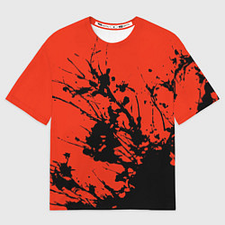 Женская футболка оверсайз Взрыв чёрной краски на красно-оранжевом