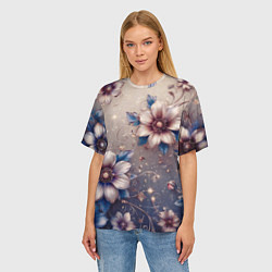 Футболка оверсайз женская Сине-бежевый дымчатый с цветами, цвет: 3D-принт — фото 2