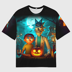 Футболка оверсайз женская Morty and Rick with pumpkin - neon halloween, цвет: 3D-принт