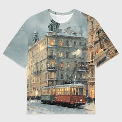 Женская футболка оверсайз Трамваи в зимнем Санкт-Петербурге