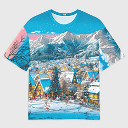 Женская футболка оверсайз Новогодняя деревушка в горах
