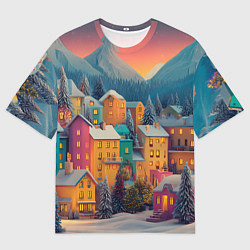 Женская футболка оверсайз Новогодний город в горах