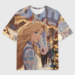 Футболка оверсайз женская Блондинка с новогодней лошадкой, цвет: 3D-принт