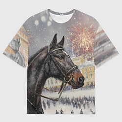 Футболка оверсайз женская Конь на фоне салюта, цвет: 3D-принт