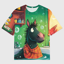 Женская футболка оверсайз Лошадь моется в ванной