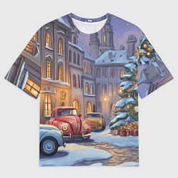 Женская футболка оверсайз Новогодний снежный двор