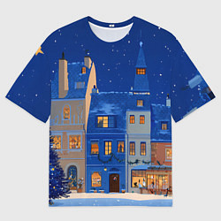 Женская футболка оверсайз Синяя новогодняя елочка во дворе