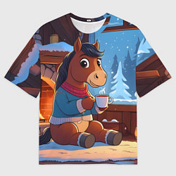 Женская футболка оверсайз Лошадка у камина