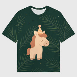 Женская футболка оверсайз Милая лошадка с колпаком