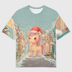 Женская футболка оверсайз Маленькая новогодняя милая лошадка